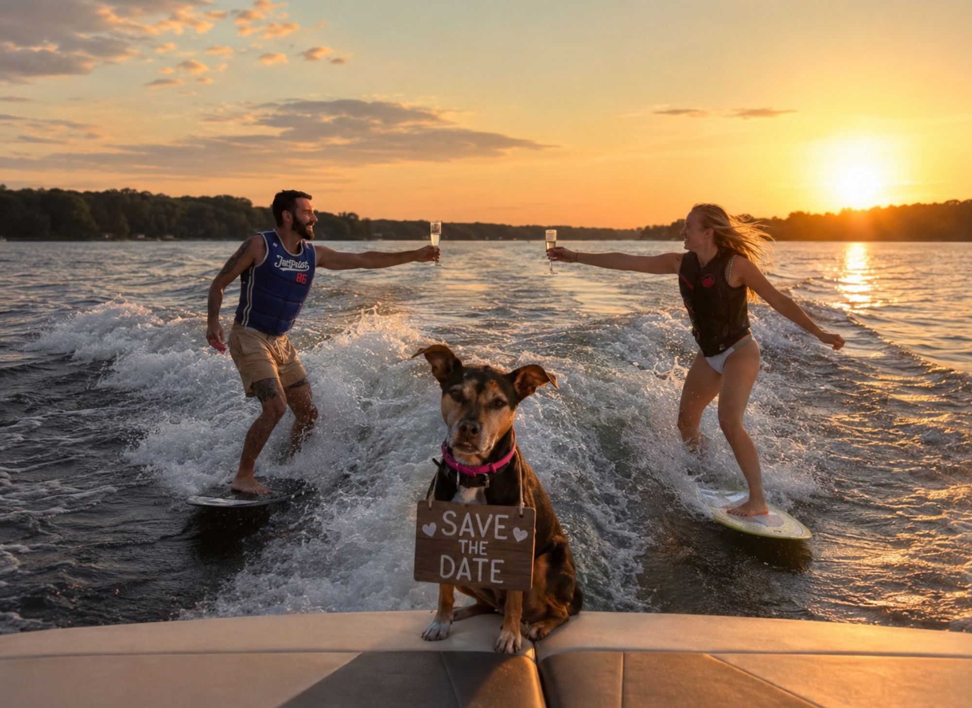 Ali and Chaz wakesurfing behind a boat at sunset, raising champagne glasses to each other, while their dog sits on the stern wearing a Save the Date sign.